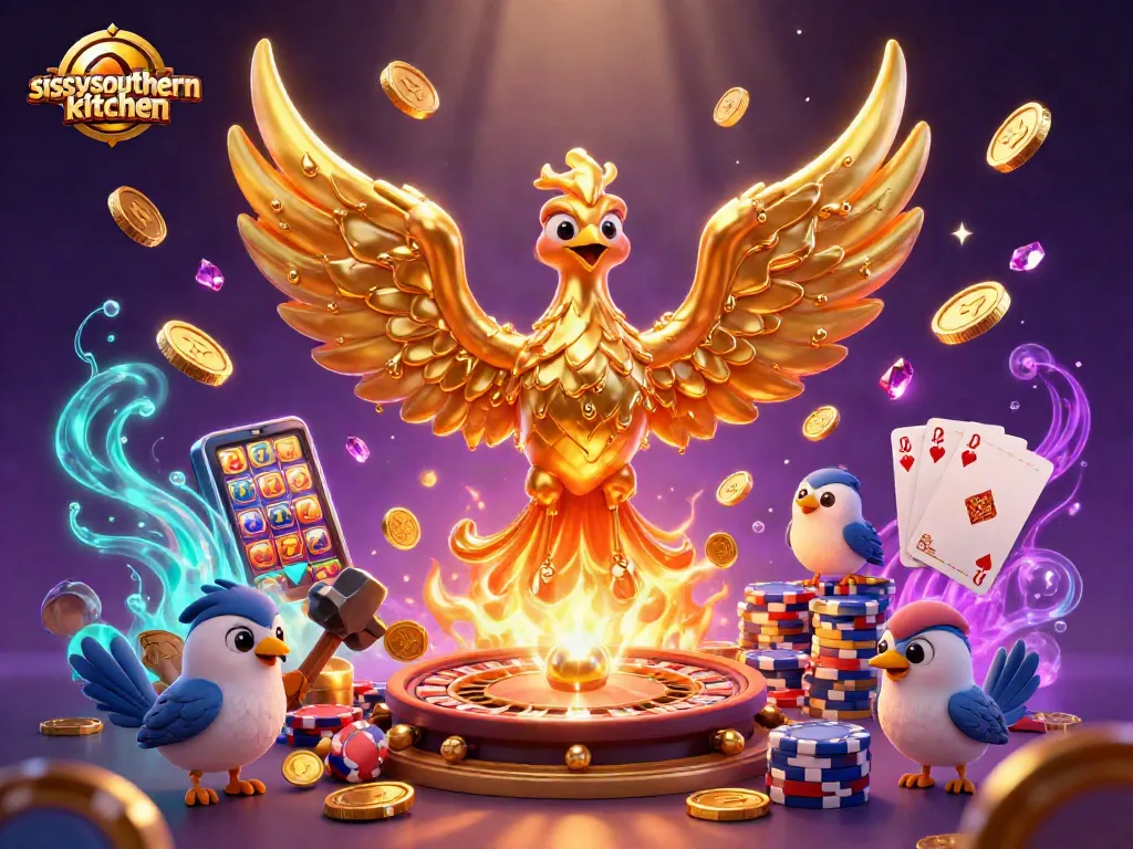Sissy's Southern Kitchen showcases a vibrant casino scene filled with golden coins and playing cards.