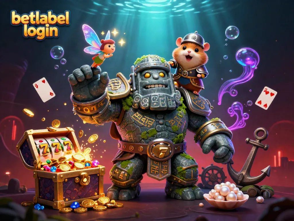 Engage with the betlabel login scene featuring a magical golem, a fairy companion, and thrilling casino elements.