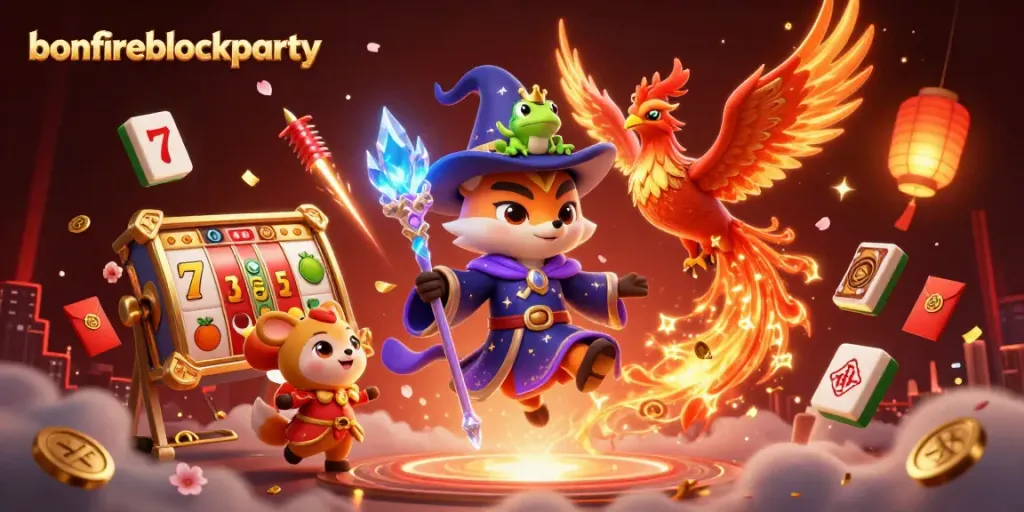 Experience thrill at the bonfireblockparty with vibrant casino-themed imagery and magical elements.