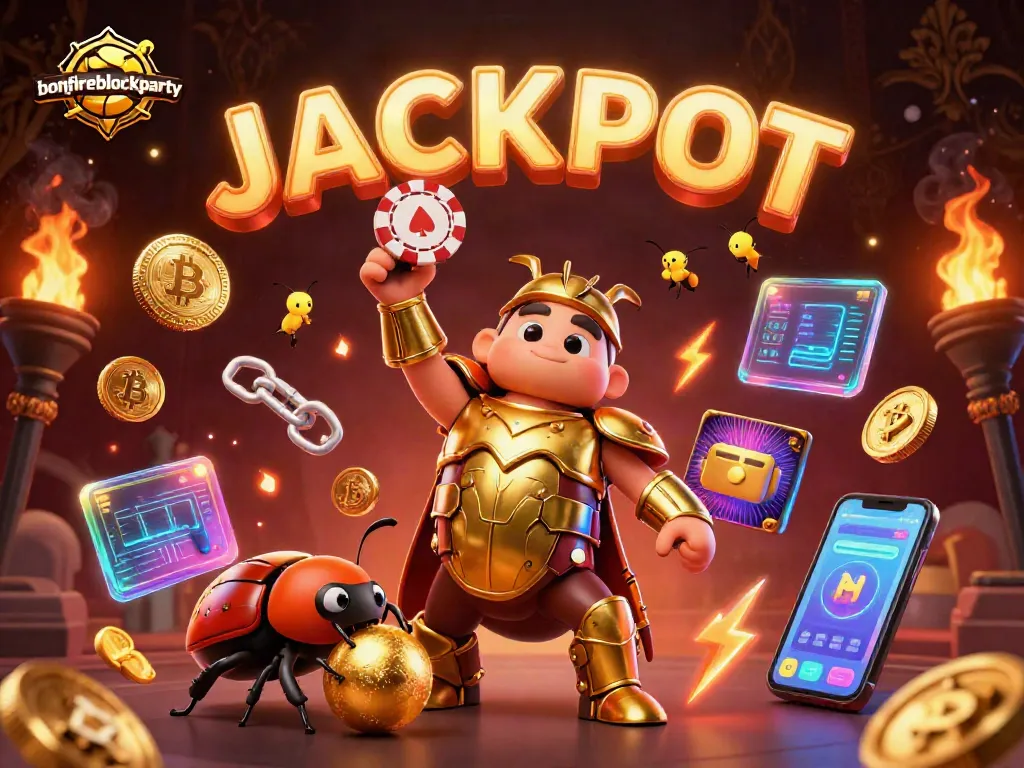Join the bonfireblockparty with a jubilant beetle and neon casino elements celebrating wins!